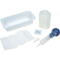 Collection of veterinary tools including a container, syringe, and cloth on a white background