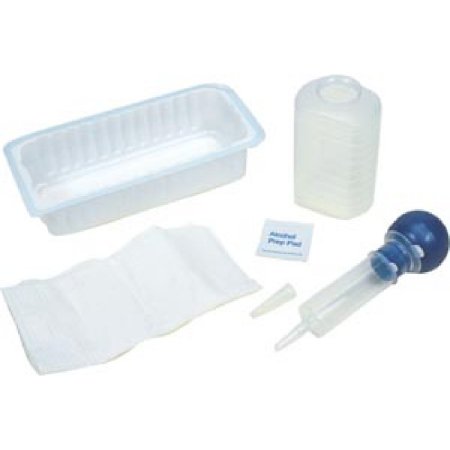Collection of veterinary tools including a container, syringe, and cloth on a white background