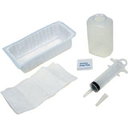Collection of medical or laboratory supplies including a container, syringe, and alcohol prep pad on a white background.