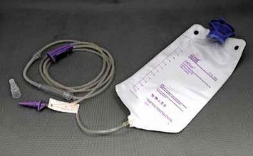 IV bag with tubing on a gray background