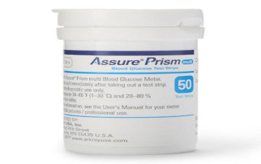 Assure Prism blood glucose test strip container on a white background
