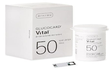 Glucocard Vital test strips packaging with 50 test strips on a white background