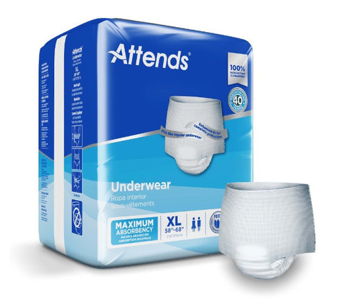 Attends maximum absorbency underwear packaging with a sample on a white background