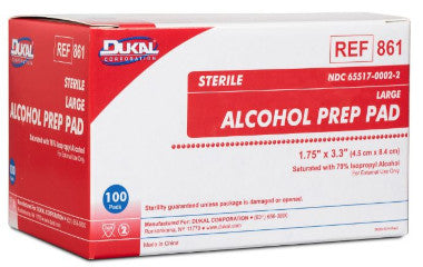 DKL861-Dukal Alcohol Pre Pads with Isopropyl Alcohol, 70% Individual Packet Large Sterile, Box of 100