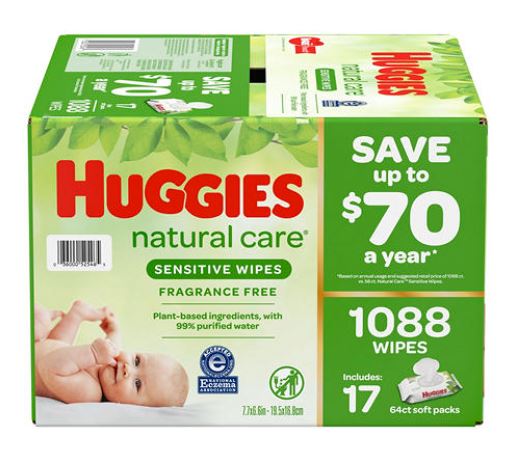 KIM949787-Huggies Natural Care Sensitive Baby Wipes, Fragrance Free, 64 Wipes/Pack, 17 Packs/Case
