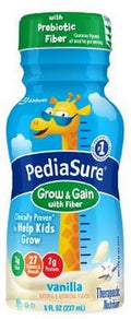 PediaSure Grow & Gain with Fiber bottle for children, vanilla flavor.