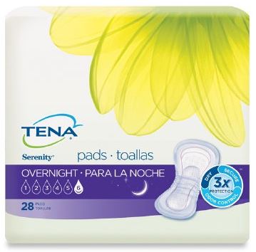 Tena Serenity pads packaging with a yellow flower on a white background