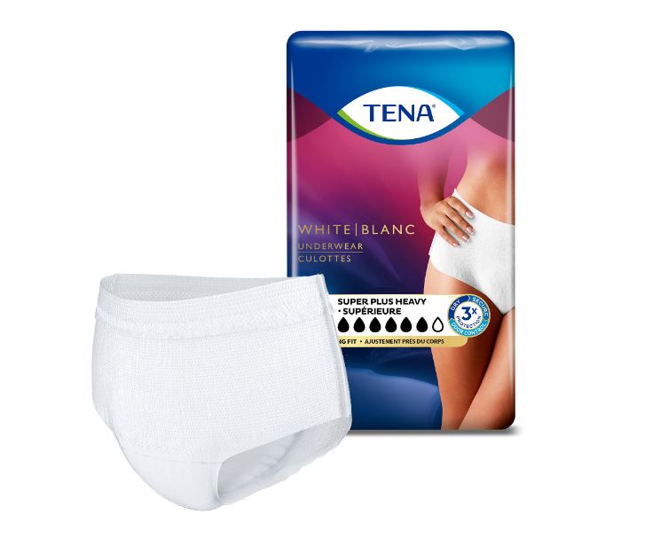 TENA white underwear with packaging on a white background