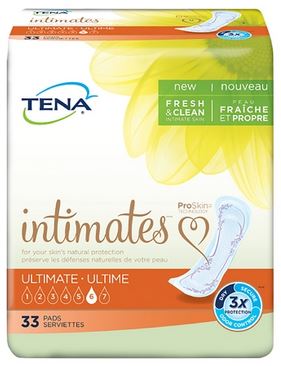 TENA intimates packaging with a yellow flower on a white background