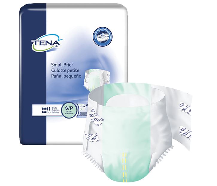 Tena small brief packaging with a sample on a white background