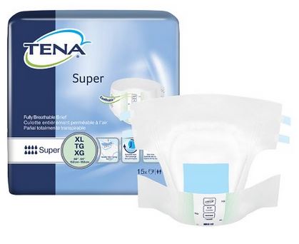 TENA Super adult diaper packaging with product on a white background