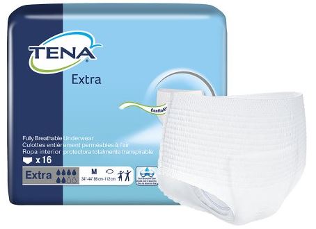 TENA Extra fully breathable underwear packaging with a sample of the underwear on a white background.