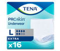 TENA ProSkin Underwear package for size L with 16 units on a blue and white background