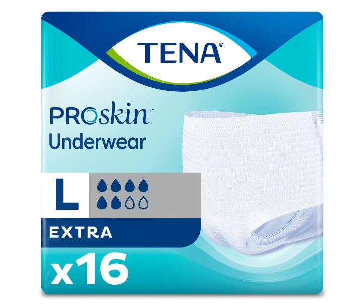 TENA ProSkin Underwear package for size L with 16 units on a blue and white background