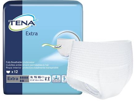 TENA Extra adult diaper packaging with a sample diaper on a white background