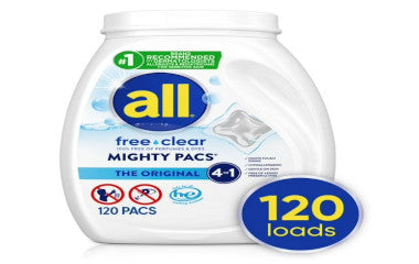 All free & clear mighty pacs laundry detergent packaging on a white background