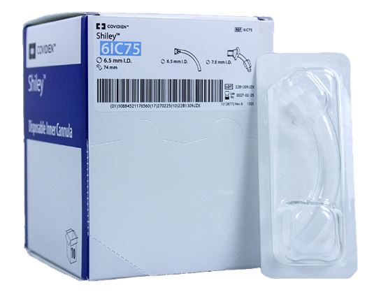 Shiley medical device packaging with a clear inner container on a white background
