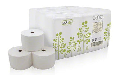 Three rolls of paper towels with a box labeled 'LocCare' on a white background