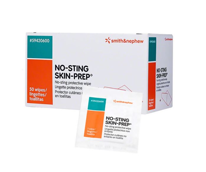 Box of Smith & Nephew No-Sting Skin-Prep wipes on a white background