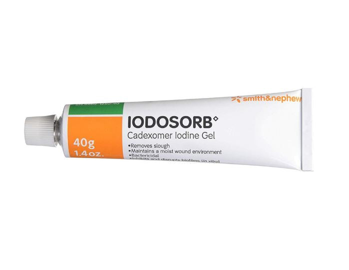 Iodosorb cadexomer iodine gel tube by Smith & Nephew on a white background
