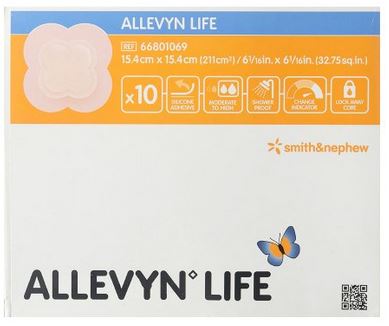 Box of Allevyn Life bandages with brand logo on a white background
