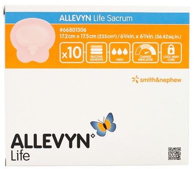 Box of Allevyn Life Sacrum with product image and branding on a white background