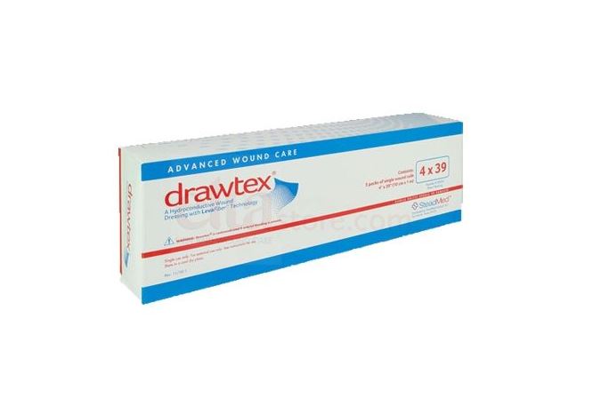 Box of drawtex advanced wound care on a white background