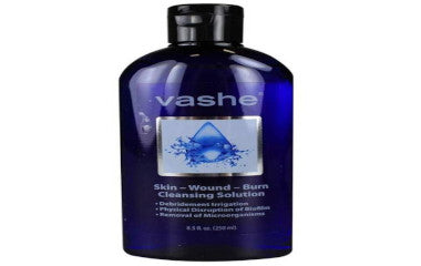 Blue bottle of Vashe Skin Wound Burn Cleansing Solution on a white background