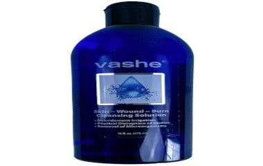 Blue bottle of Vashe wound and burn cleansing solution on a white background