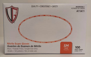 Box of nitrile exam gloves with branding and product details on a white background