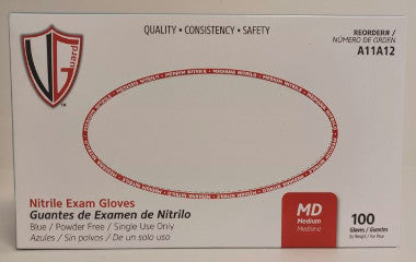 Box of nitrile exam gloves with brand logo and product details.