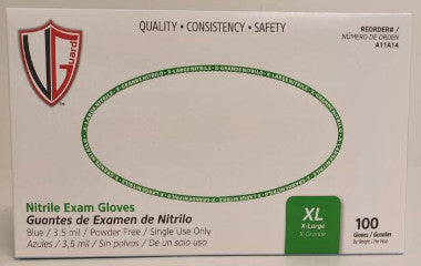 Box of nitrile exam gloves with brand logo and product details.