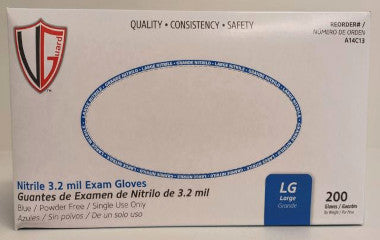 Box of nitrile exam gloves with size LG and quantity 200 on a white background.