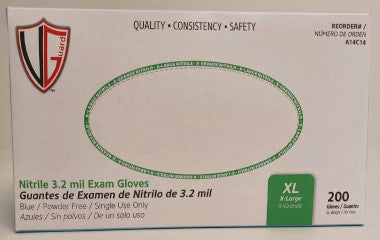 Box of Nitrile Exam Gloves with size label and brand logo.