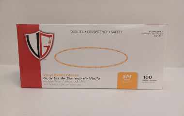 Box of vinyl exam gloves with a brand logo on a white background