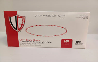 Box of vinyl exam gloves with a red and white design on a gray background