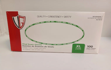 Box of vinyl exam gloves with a visible brand logo on a white background